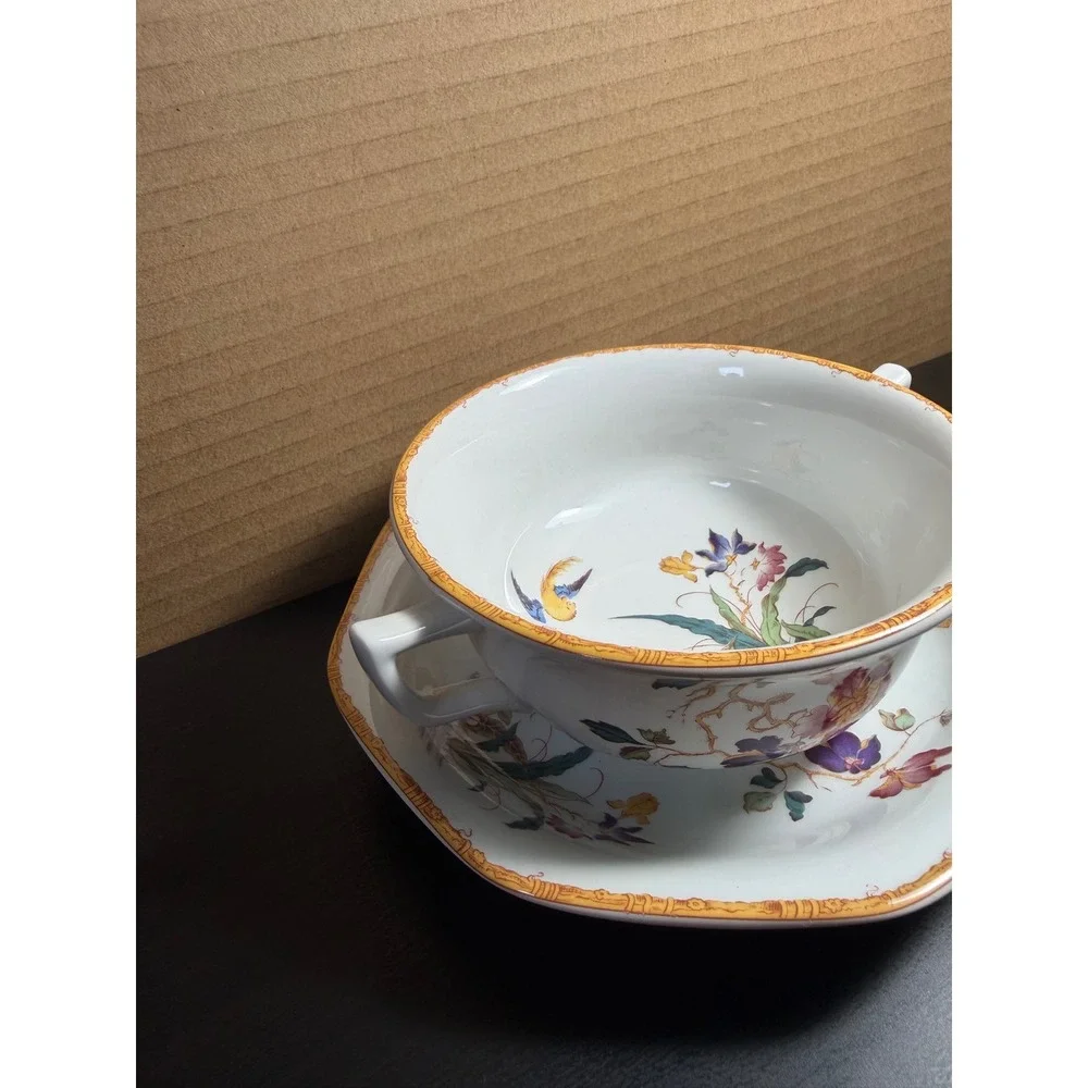 Wedgwood Devon Rose Chinoiserie Cream Soup Bowl and Saucer Floral Bird England
